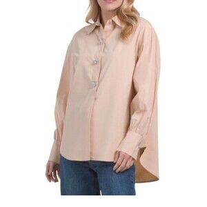 Oat New York Women’s Blouse Beige Collared Rhinestone Buttons Size Medium Cotton